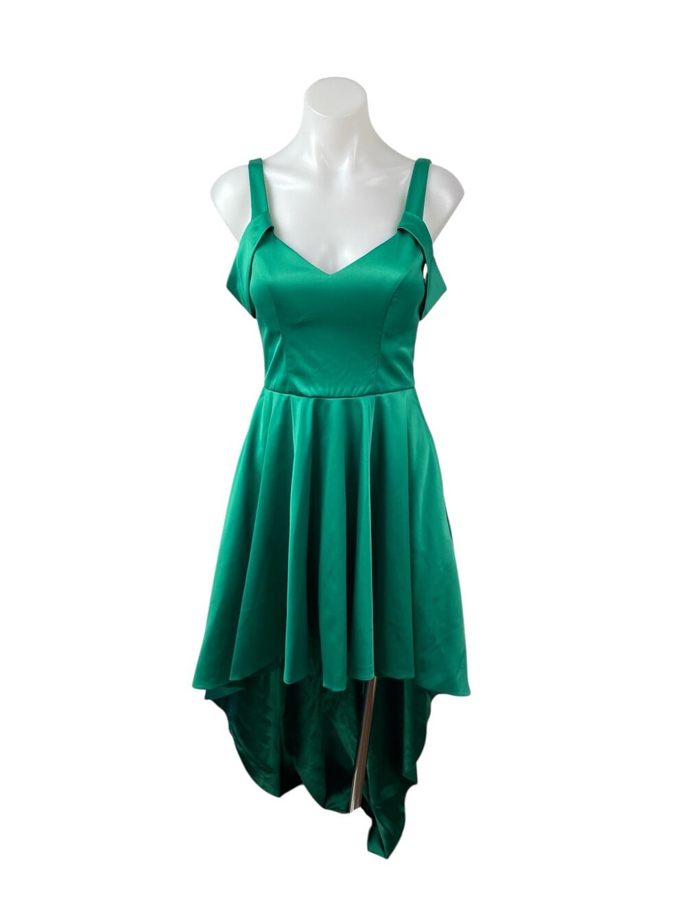 Sequin Hearts Green Silk Satin Cold Shoulder Fit & Flare High Low Dress Size S